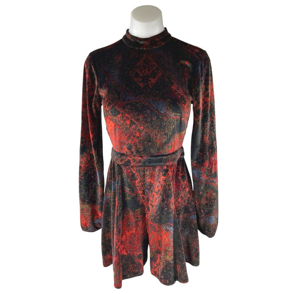 Free People Onyx Red Black Velvet Velour Cutout Long Sleeve Jumpsuit Romper 0